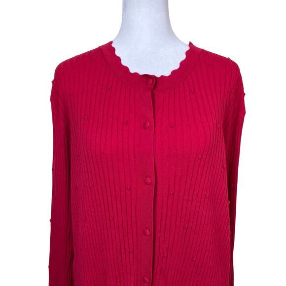 Ann Taylor Sz XXL Red Textured Ribbed Knit Stretchy Cardigan Scalloped Neck Cute - Picture 4 of 16